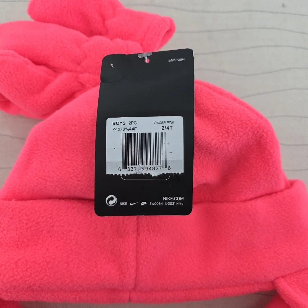 Nike Toddler Fleece Chin Strap Trapper Hat & Mittens 2 Piece Set Racer Pink NEW